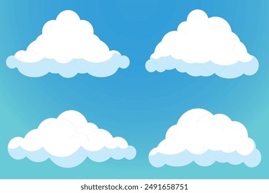 White 3d clouds set isolated on a blue background. Render soft round cartoon fluffy clouds icon in the blue sky. 3d geometric shapes vector illustration, Set of cartoon cloud in a flat design.