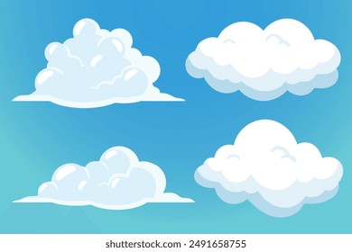 White 3d clouds set isolated on a blue background. Render soft round cartoon fluffy clouds icon in the blue sky. 3d geometric shapes vector illustration, Set of cartoon cloud in a flat design.