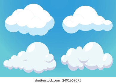 White 3d clouds set isolated on a blue background. Render soft round cartoon fluffy clouds icon in the blue sky. 3d geometric shapes vector illustration, Set of cartoon cloud in a flat design.