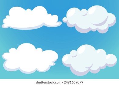 White 3d clouds set isolated on a blue background. Render soft round cartoon fluffy clouds icon in the blue sky. 3d geometric shapes vector illustration, Set of cartoon cloud in a flat design.