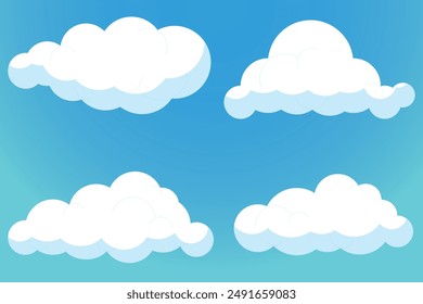 White 3d clouds set isolated on a blue background. Render soft round cartoon fluffy clouds icon in the blue sky. 3d geometric shapes vector illustration, Set of cartoon cloud in a flat design.