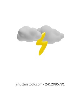 Weiße 3D-Wolken mit gelbem, leuchtendem Blitz, Vektorsymbol. Cartoon Wettervorhersage Sturm Symbol. 3D-realistisches Meteorologie-Design-Element Plastik oder Tonstruktur einzeln auf Weiß