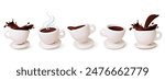 White 3d coffee cup. Americano splash and drops. Realistic render cute cups with plate or saucer. Hot drink for breakfast and lunch, pithy vector elements