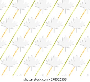 White 3D with colors maple leaves and orange dots.Abstract geometrical background. Pattern with cut out paper effect and realistic shadows.