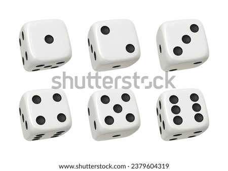 White 3d cube for Casino board games. Rolling dice icon in flight close up different combinations, isolated on white background. Vector illustration.