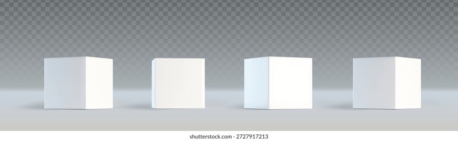 White 3d cube collection with various angle perspectives on transparent background. Minimalist square block set in different rotation and view for geometric mockup, product display or abstract design.