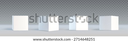White 3d cube collection with various angle perspectives on transparent background. Minimalist square block set in different rotation and view for geometric mockup, product display or abstract design.