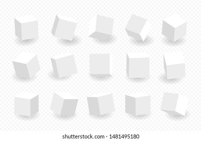 White 3D cube pack isolated on transparent background. Multiple cubes. Different light, perspective and angle. Vector illustration