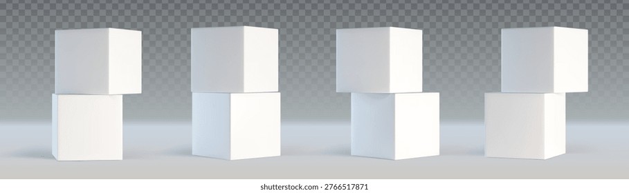 White 3d cube pairs stacked at different angles on transparent background. Minimalist geometric blocks in square shape with realistic shadows and clean edges for modern mockup or abstract composition.