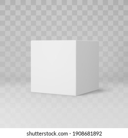 White 3d cube with perspective isolated on transparent background. 3d modeling box with lighting and shadow. Realistic vector icon