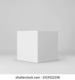 White 3d cube with perspective isolated on grey background. 3d modeling box with lighting and shadow. Realistic vector icon