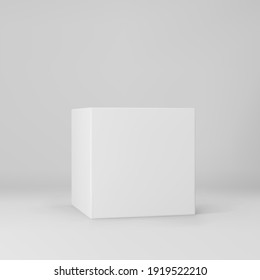 White 3d cube with perspective isolated on grey background. 3d modeling box with lighting and shadow. Realistic vector icon