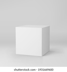 White 3d cube with perspective isolated on grey background. 3d modeling box with lighting and shadow. Realistic vector icon