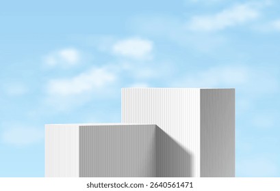 White 3D cubes box podium background with blue sky scene in summer style. Minimalist studio mockup pedestal. Abstract stand product display presentation, Stage for showcase. Vector platform design.