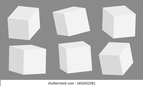White 3D cubes, boxes with perspective are on grey background. Vector illustration
