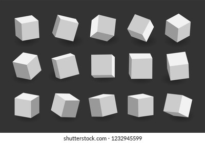 White 3D cubes pack isolated on black background. Different light, perspective and angle. Vector illustration