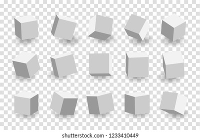 White 3D cubes pack isolated on transparent background. Different light, perspective and angle. Vector illustration