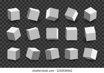 White 3D cubes pack isolated on transparent background. Different light, perspective and angle. Vector illustration