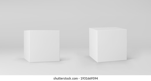White 3d cubes set with perspective isolated on grey background. 3d modeling box with lighting and shadow. Realistic vector icon