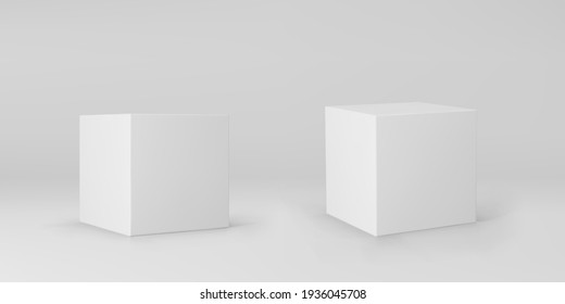 White 3d cubes set with perspective isolated on grey background. 3d modeling box with lighting and shadow. Realistic vector icon