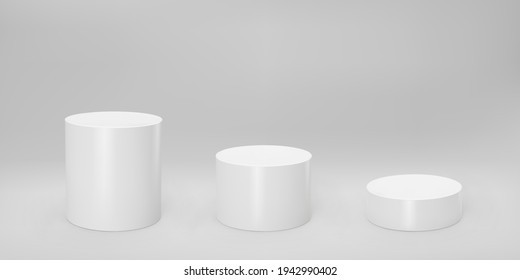 White 3d cylinder front view and levels with perspective isolated on grey background. Cylinder pillar, empty museum stages, pedestals or product podium. 3d basic geometric shapes vector illustration