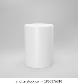 White 3d cylinder front view with perspective isolated on grey background. Cylinder pillar, empty museum stage, pedestal or product podium. 3d basic geometric shape vector illustration