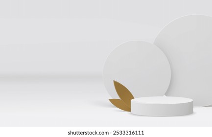 White 3d cylinder podium with golden leaves mockup for show realistic vector illustration. Light neutral pedestal with round wall background and luxury leaf geometric showroom for shopping sale