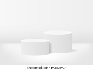 White 3d cylinder podium. Minimal white scene with stage for product presentation vector illustration.
