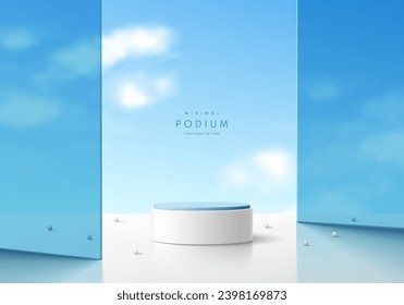 White 3D cylinder podium pedestal background with blue glass partitions and cloud and blue sky scene. Minimal mockup or product display presentation, Stage showcase. Platforms vector geometric design.