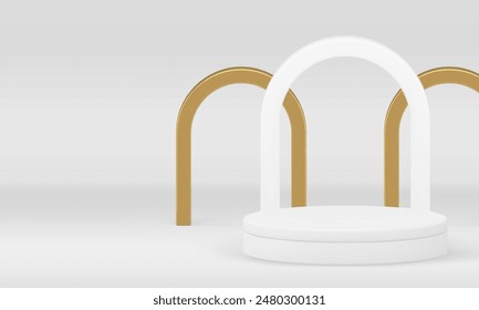 Escaparate blanco del podio del cilindro 3d para la Ilustración vectorial realista de la presentación del producto de lujo. Elegante pedestal de luz de moda con fondo de pared de arco dorado para la venta de compras publicidad comercial