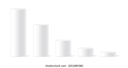 White 3d cylinder vector illustration. Realistic pedestal podiums of circle geometric shape stand with perspective, blank circular platform or stage for product, diagram graph for presentation