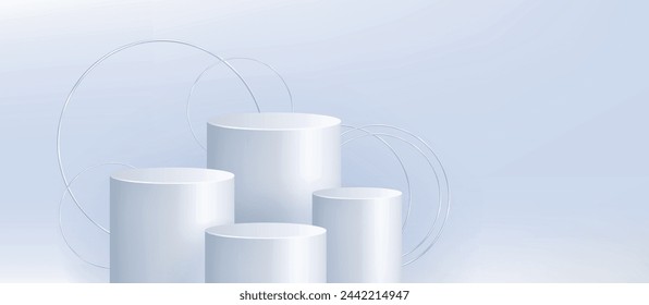 White 3D cylinders and silver circles isolated on gradient background. Vector realistic illustration of geometric design platforms for beauty product presentation, empty round low and high podiums