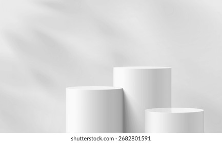 Fondo de podio cilíndrico 3D blanco con iluminación natural, escena de pared de espacio vacío. Pedestal de maqueta minimalista. Exhibición Abstractas del producto de los soportes, escaparate del escenario. Diseño de Vector de plataformas.