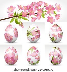 White 3D Easter Egg Collection with Cherry Blossoms and Smooth Shadow on Ground - EPS10 Vector Set