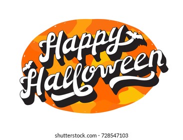 White 3D Effect Hand Drawn Lettering Happy Halloween with Shading. Logo Vector Illustration on Orange Abstract Background.