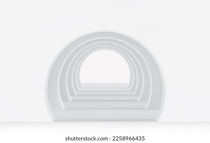 White 3d empty corridor of several round arches in perspective with shadows. Minimal background. Abstract architecture. Vector illustration of archway. Inside interior