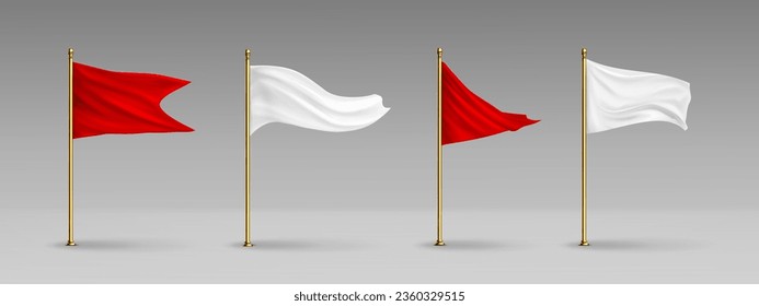 White 3d empty pole flag vector mockup template. Isolated realistic fabric stand with wave wind and gold metal pillar for sport promo and advertising illustration. Red pennant canvas waving on stick