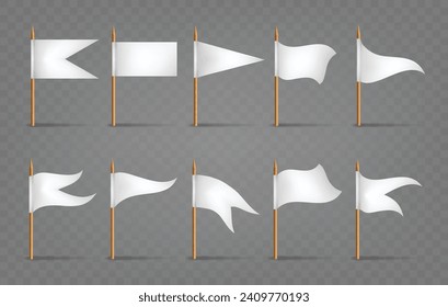 Iconos de banderas blancas 3d. Carteles de inclinación en blanco realistas sobre postes de madera, bandera blanquecina colocada sobre palos de madera y palos de dientes ilustraciones vectoriales aisladas