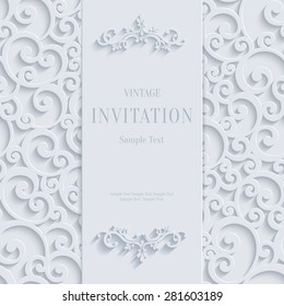 White 3d Floral Curl Background With Swirl Damask Pattern For Christmas Or Wedding Or Invitation Card. Vector Vintage Design Template