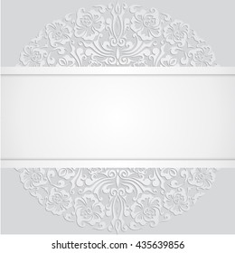 White 3d Floral Curl Background with Swirl Damask Pattern for Wedding or Invitation Card. Vector Vintage Design Template