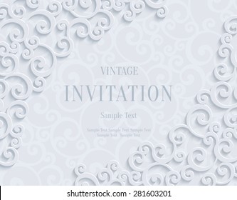 White 3d Floral Swirl Horizontal Background with Curl Pattern for Wedding or Invitation Card. Abstract Vector Vintage Design Template