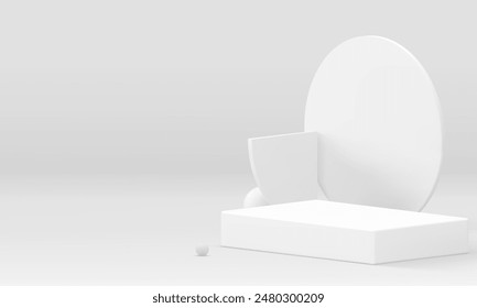La maqueta geométrica blanca del podio 3d para el producto cosmético muestra la Ilustración vectorial realista. Luz minimalista estética rectángulo pedestal con Formas abstractas fondo de pared para publicidad promocional