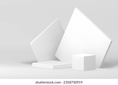 White 3d geometric podium pedestal mock up for cosmetic product show presentation vector illustration. Realistic neutral showcase squared platform with angular wall background for commercial promo