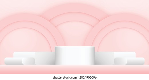 white 3d geometric podium with pink paper cut background. stage pedestal or mockup for show product. cylinder and square forms.
