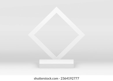 White 3d geometric podium squared pedestal mock up for cosmetic product show presentation vector illustration. Realistic elegant feminine showcase advertising showroom for beauty shopping sale