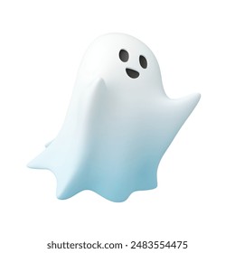 White 3d ghost. Halloween character, flying phantom realistic render. Isolated specter for party, funny spooky afterlife monster vector icon