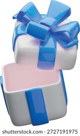 Caja de regalo 3D blanca, vacía, con una tapa abierta y un lazo azul, vista superior. Embalaje, sorpresa, presente. Maqueta para cumpleaños, San Valentín y Navidades. Estilo plástico. Ilustración vectorial.