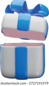 Caixa de presente 3D branca com uma tampa aberta e um arco e fita azul, vista frontal. Montagem para promoções, feriados, aniversários, Natal e Dia dos Namorados. Estilo de plástico vetorial. Ícone. Renderizar.