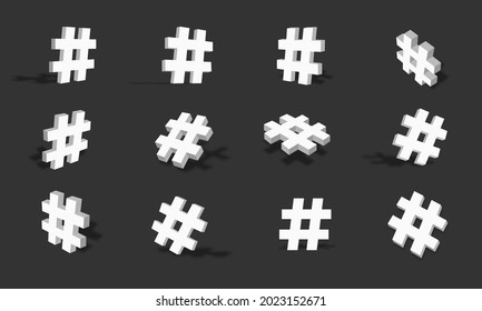 White 3d hashtag icon illustration with different views and angles