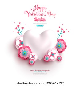 White 3D heart with paper cut flowers and branches. Vector Illustration. Love symbol. Romantic background for Valentines day. Sale, typographic template